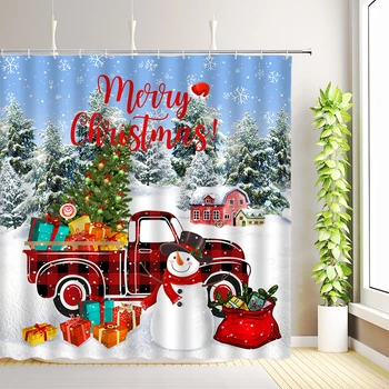 Veselé Vianoce Sprchový Záves Červená Ročník Truck Snehuliak Vianočný Strom Santa Claus Zimná Vločka Rustikálny Dom, Kúpeľňa Decor