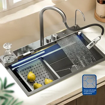 Vodopád Umývadlo Povodí Veľkých Jeden Slot, Digitálny Displej 304 Nerezový Drez S Vodopád Batérie Pre Rekonštrukciu Kuchyne