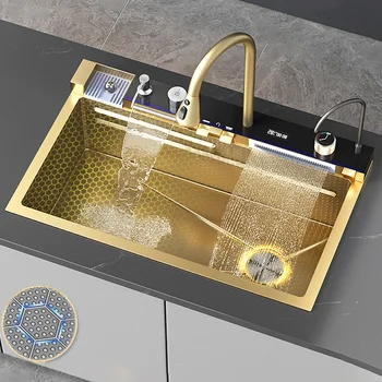 Zlatý Double Vodopád Drez Nerezový Kuchynský Drez Plastický Veľké Jeden Slot Umývadlo Na Umývanie Rybník Pre Kuchyňa